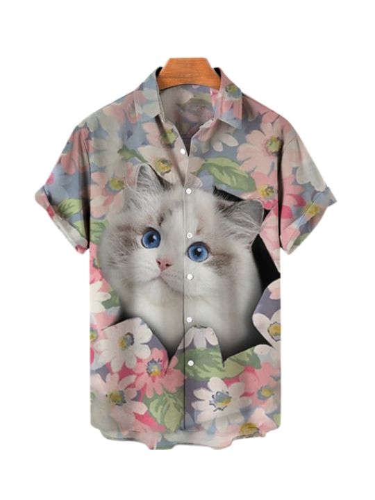 เสื้อฮาวายผู้ชายแขนสั้นขายดีเสื้อผ้าผู้ชายพิมพ์ลายน่ารักฤดูร้อนเสื้อ-y2k-อนิเมะฮาราจูกุรูปแมวลำลองทรงโอเวอร์ไซส์