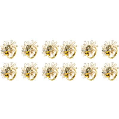 Set of 12 Daisy Sunflower Napkin Rings, Gold Bee Napkin Ring Holders for Formal or Casual Dinning Table Decor