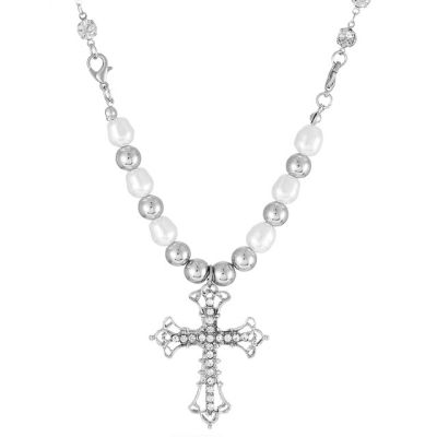 JDY6H Exquisite Rhinestone Cross Pendant Necklace Punk Unisex Pearl Necklaces Hip Hop Choker Clavicle Chain Party Jewelry Friend Gi