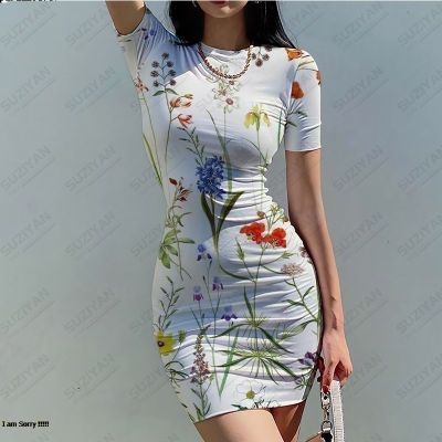 Summer Fashion Tight Dress Womens Short Sleeve Round Neck Dress 3D Printed Womens Sexy Fragmented Flower Wrapped Hip Dress