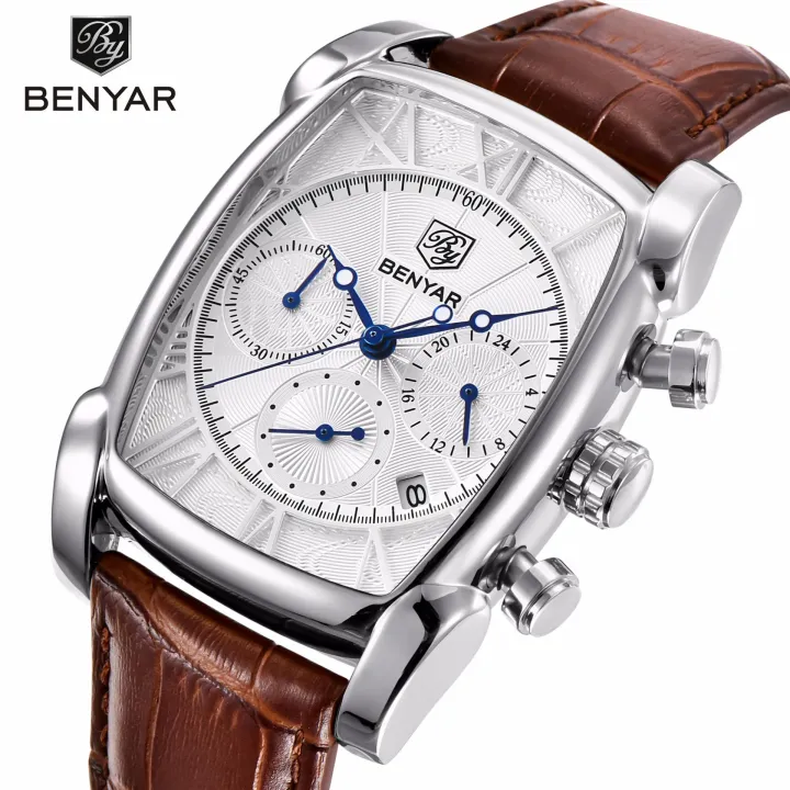 benyar-นาฬิกาข้อมือควอตซ์สีทองทรงสี่เหลี่ยมหนังกันน้ำผู้ชายนาฬิกาข้อมือสำหรับผู้ชายนาฬิกาผู้ชายทอง