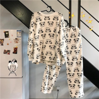 QWEEK Pijamas Women Kawaii Panda Print Flannel Pajamas Autumn Winter Sleepwear Home Clothes Long-sleeved Trousers Pyjamas Warm