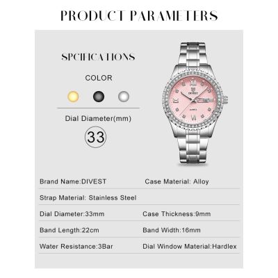 DIVEST nd Luxury Women’s Watches Fashion Ladies Quartz Watch Stainless Steel Casual Waterproof Sport Date Clock