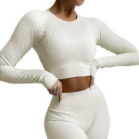 Ribbed Women Sets Fitness Suit Seamless Sportswear y Gym Clothing Stripe Legging Long Sleeve Sport Outfits Woman Tracksuit