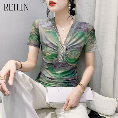 REHIN เสื้อฤดูร้อนของผู้หญิงเสื้อคอวีแต่งด้วยลูกปัดแฟชั่นมีระบายใหม่พิมพ์ลายเสื้อกล้ามทันสมัยเสื้อแขนสั้น