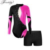 ☋✱✟ Kids Girls Ballet Gymnastic Leotard Skating Performance Costume Long Sleeve Backless Shiny Rhinestones Bodysuit with Shorts