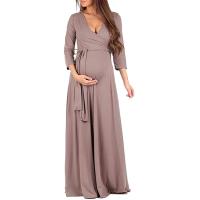 Maternity Long Dress Breastfeeding Dress Pregnant Womens V-Neck Skirt Long Sleeve Nursing Dress