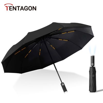 TENTAGON พร้อมไฟฉาย LED ร่มอัตโนมัติพับสามร่มกันแดดสำหรับฝนและแดด10ซี่โครงกันลมร่มแบบพกพา