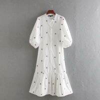 ZZOOI 2020 women vintage lantern sleeve flower embroidery midi shirtdress female hem pleats vestidos chic casual loose dresses DS3436