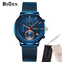 ✐✳ BIDEN Mens นาฬิกาสุดหรูแบรนด์นาฬิกาข้อมือกีฬากันน้ำ Chronograph Quartz Military Steel Mesh Band Relogio Masculino