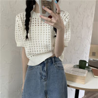 Design Sense Niche Beautiful Hollow Out Ice Silk Knitted Short Sleeve T-Shirt Female Summer French Unique Chic Small Top Short