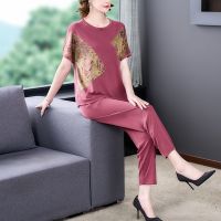 2023 Summer Womens Silk Flower Print Vintage T-shirt Top Pants Two Piece Set Loose Large O-Neck Short Sleeve Casual Sports Set