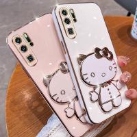 เคสโทรศัพท์กระจกแต่งหน้าพับได้สำหรับ Huawei P50 Pro P60 Pro เคสด้านหลังแบบนิ่มชุบด้วยไฟฟ้า TPU มีแมวการ์ตูนน่ารักอเนกประสงค์