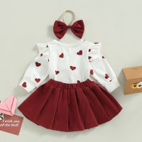 Newborn Baby Girls Jumpsuits 2pcs Clothing Set Toddler Heart Print Long Sleeves Romper Pleated Skirt Headband Children Outfit  by Hs2023