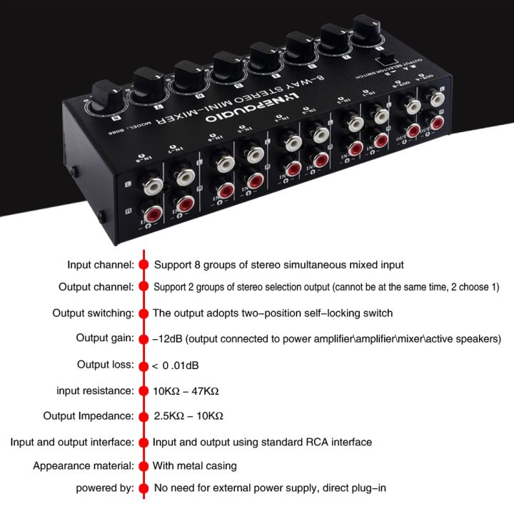 b066มินิสเตอริโอ8ช่อง-rca-non-source-sound-passive-mixer-ไม่มีแหล่งจ่ายไฟ