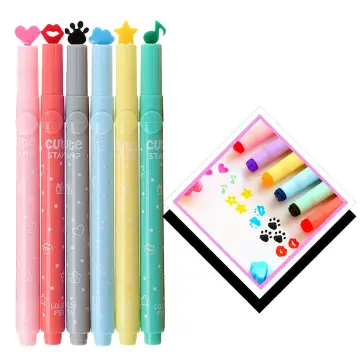 Cute Kawaii Novelty Stamp Highlighter Pen Marker Assorted Love Star Bear  Paw Music Cloud Kiss Shape School Kids Student Creative Stationery 12 Color