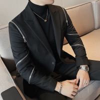 2022 Winter Zipper Decoration Blazer Men Slim Casual Suit Jacket Wedding Business Dress Coat Banquet Singer Stage Men Clothing