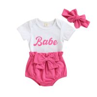 3 Pcs Baby Girls Casual Outfits, Letter Print Short Sleeve Round Neck Romper + Solid Color Paper Bag Pants with Bow + Headband  by Hs2023