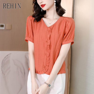 REHIN เสื้อสตรีฤดูร้อนใหม่พลัสขนาดเสื้อแขนสั้นผ้าฝ้ายและผ้าลินิน Ruffle V คอเสื้อระบายอากาศ