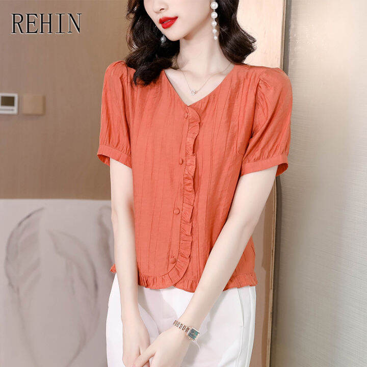 rehin-เสื้อสตรีฤดูร้อนใหม่พลัสขนาดเสื้อแขนสั้นผ้าฝ้ายและผ้าลินิน-ruffle-v-คอเสื้อระบายอากาศ