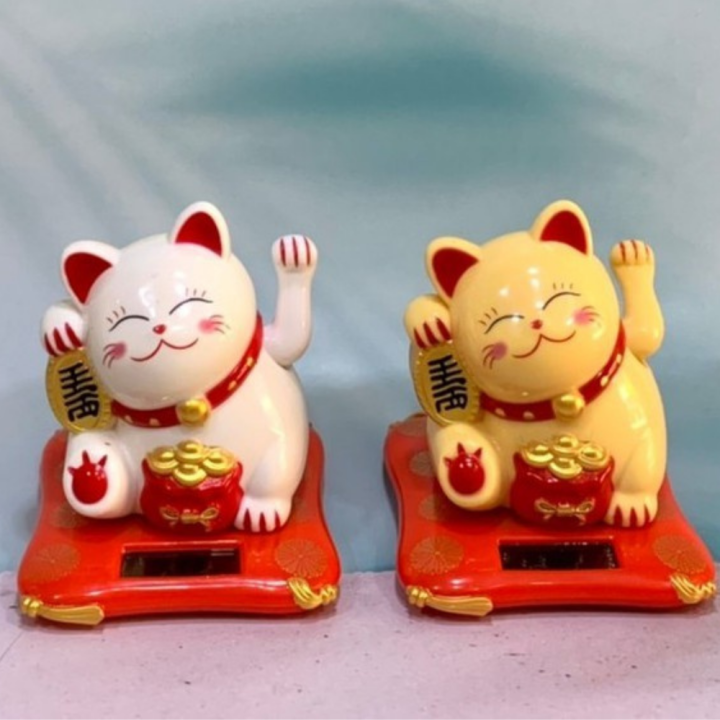 แมวกวักเรียกทรัพย์-แมวนำโชค-แมวกวักญี่ปุ่น-แมวกวักนำโชค-แมวกวักโซล่าเซล-แมวกวักตกแต่งร้าน-ฮวงจุ้ย-สีขาว-สีเหลือง