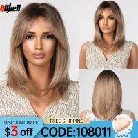 【jw】☎℗ Ombre Short Straight Wigs with Bangs Shoulder Length Womens Layered Wig Resistant Use for