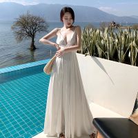 Goddess temperament cultivate ones morality show thin and sexy condole backless long split white dress seaside holiday beach dress