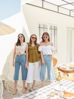 Sis story กางเกงยีนส์ เอวสูง ขาบาน ห้าส่วน Sis501 Bella Culotte Jeans - Light blue/Blue/White