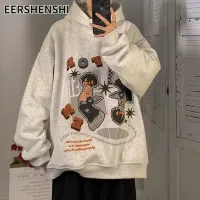 EERSHENSHI เสื้อสเวตเตอร์คู่แขนยาวมีฮู้ดพิมพ์ลายเสื้อกันหนาวฮู้ดสวมหัววินเทจแบบอเมริกัน