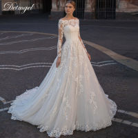 Detmgel y Boat Neck Button A-line Wedding Dresses New Luxury Beaded Appliques Satin Court Train Princess Wedding Gown