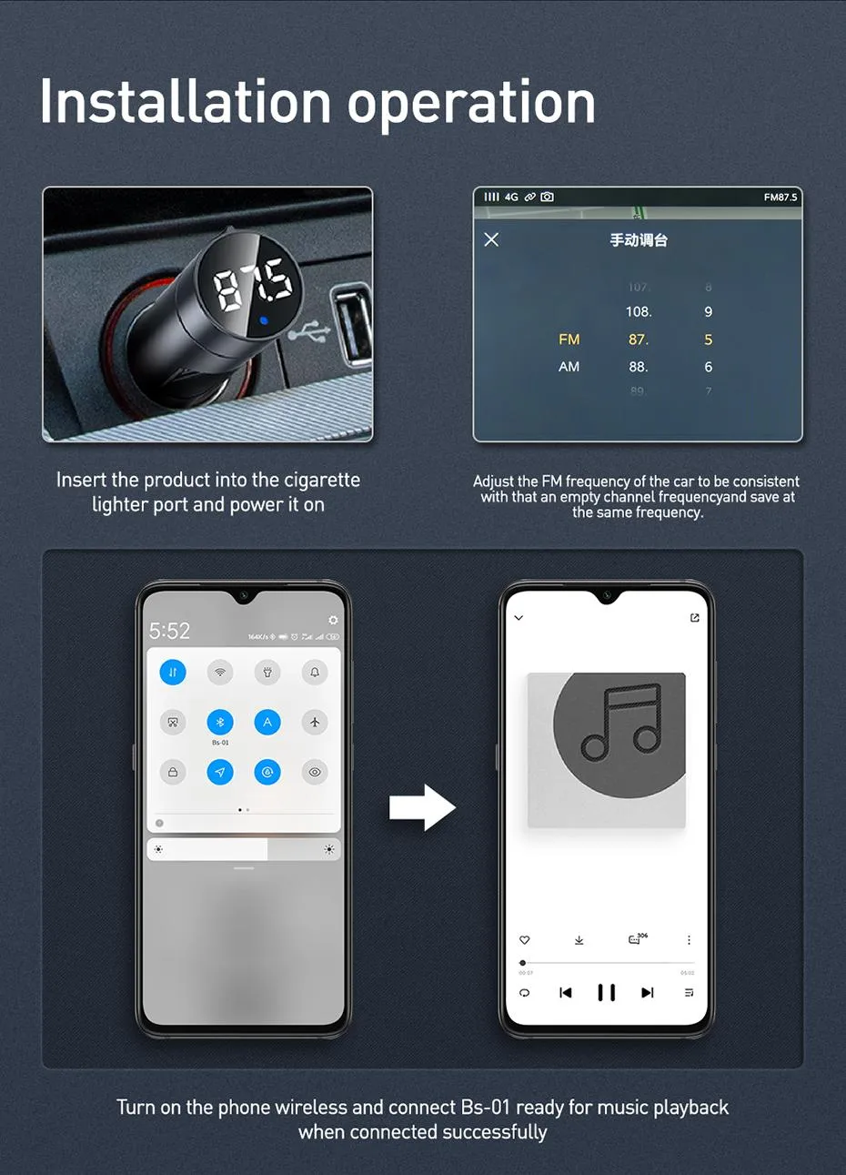 Baseus Transmetteur FM sans fil avec Bluetooth 5.0 pour voiture-12