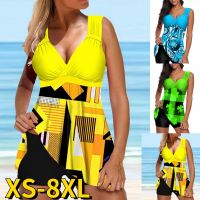 ﹍∋﹊ 2022 Two Pieces Swimsuit Women With Skirt Geometric Printed Tankini Set Swimwear Female Monokini Suit Beachwear Swimming Summer