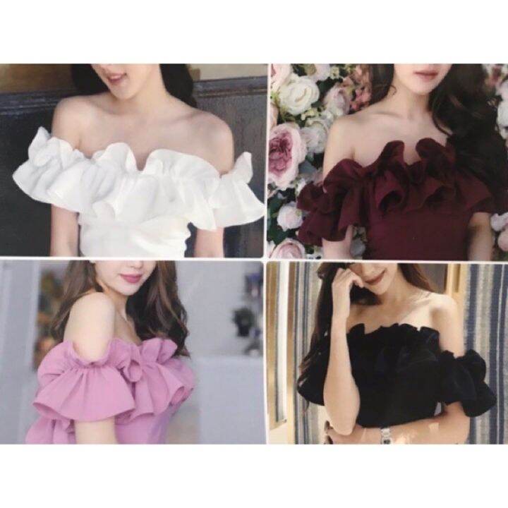 พร้อมส่ง-sm-n-เสื้อทรงปาดไหล่เลิศๆ-มีสม๊อค-ดูแพง-ปังมาก-ติดตู้ไว้เลยค่าา