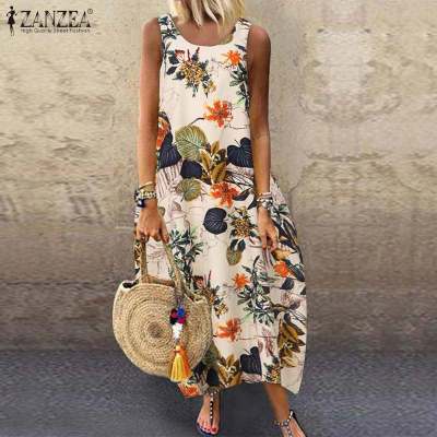 ZANZEA Summer Women Vintage Sleeveless Dress Floral Printed Long Dress Cotton Sundress Baggy Beach Vestido Sarafans 7