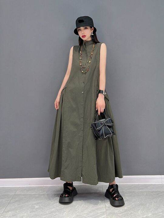 xitao-dress-loose-solid-color-casual-stand-collar-sleeveless-tanks-dress