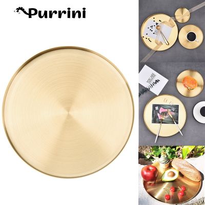 【YF】 Storage Tray Trays Gold Round Plate Fruit Steak Snack Metal Stor