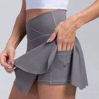 Solid Color Side Fork Tennis Skirts Women Workout Golf Fitness Shorts High Waist Quick Dry Running Sport Skort With Pocket