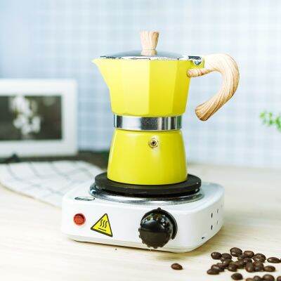 (สีเหลือง)กาต้มมอคค่าพอท Moka Pot ลายไม้ + เตามินิไฟฟ้าสีขาว 500w