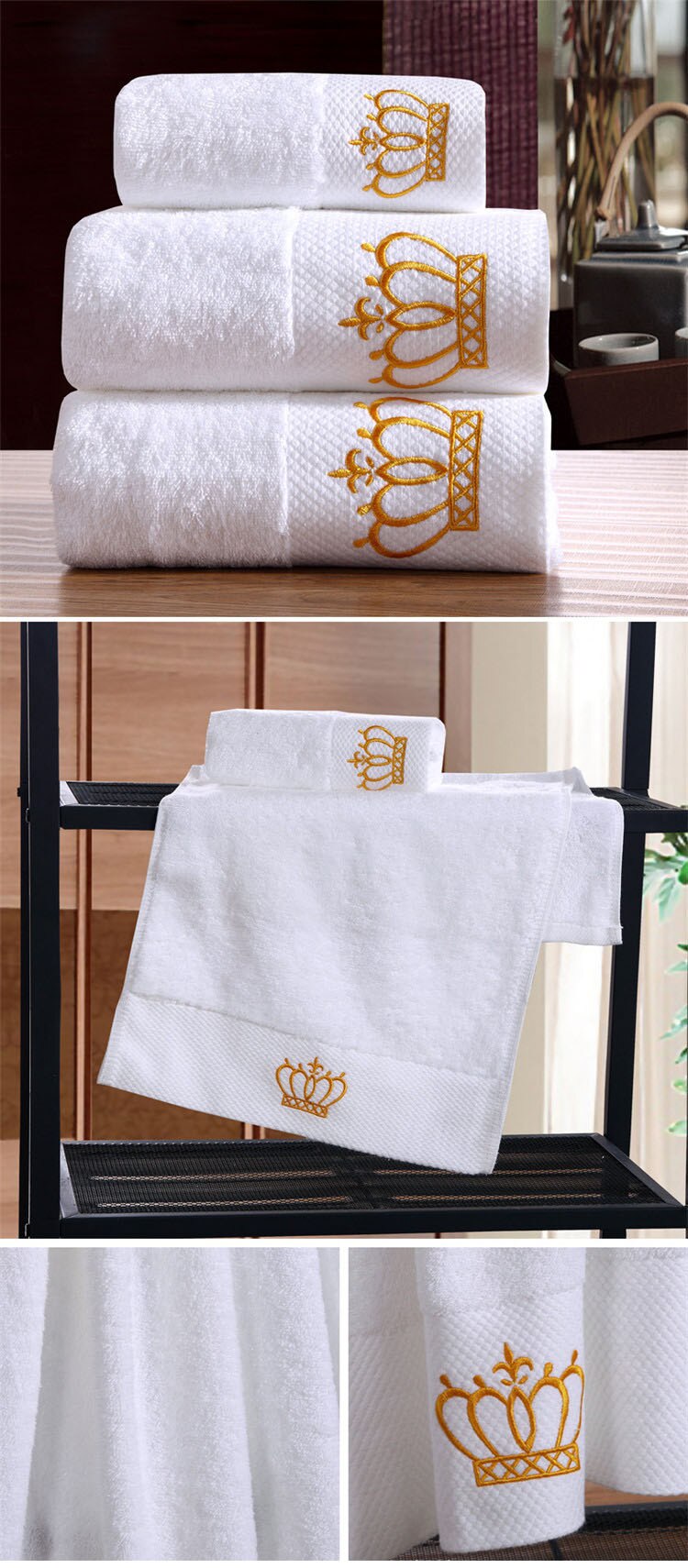 Cotton White Towel Set High Quality Crown Embroidery Absorbent Bath Towels 