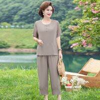 【DT】hot！ Waist Pants Sets 2023 New Loose Middle-aged Womens Set Woman 2 Pieces Short Sleeve Blouses