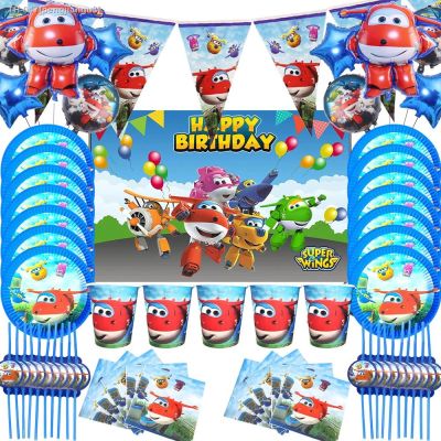 ♠ Super Wings Boy Birthday Party Decoration Disposable Plate Jett Aluminum Film Balloon Cartoon Jet Aircraft Baby Shower Supplies