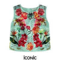 iCONiC GREEN KENYA FLORALS PAINTING TOP #5304 เสื้อแขนกุด ผ้าไหม พิมพ์ลาย ดอกไม้ อก34" ยาว18" เอว33" เสื้อผญ เสื้อแฟชั่น เสื้อไฮโซ เสื้อผ้าไหม เสื้อครอป