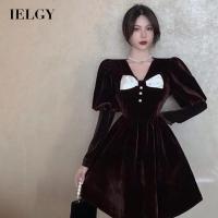 IELGY โคมไฟผูกโบว์สำหรับผู้หญิง,ชุดเดรสแขนพองคาดเอวย้อนยุคคอวี