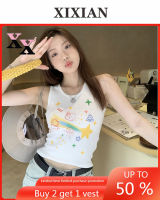 XIXIAN เสื้อครอปพิมพ์ลายการ์ตูนน่ารักของผู้หญิงแบบสั้นเสื้อกล้ามคล้องคอฤดูร้อน