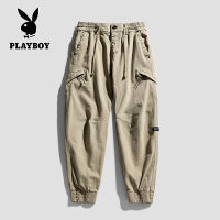 PLAYBOY แฟชั่นชุดลำลองสไตล์ผู้ชายผ้าฝ้ายเรียวเอวยางยืดหลายกระเป๋ากางเกงหลวม