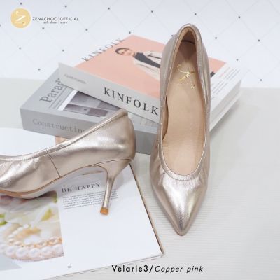 ทรงปกติ:เปลี่ยนไซส์ได้-ไม่รับคืน::Zenachoo Velarie3 สูง 3 นิ้ว Copper Pink รองเท้าหนังแกะแท้ ใส่สวยมาก รองเท้าส้นเข็ม หัวแหลม