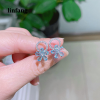 Linfang ความงามแสงสีฟ้า CZ ดอกไม้ต่างหูสตั๊ดสำหรับหญิงสีเงินอารมณ์หวานผู้หญิงต่างหูเครื่องประดับชี้แจง