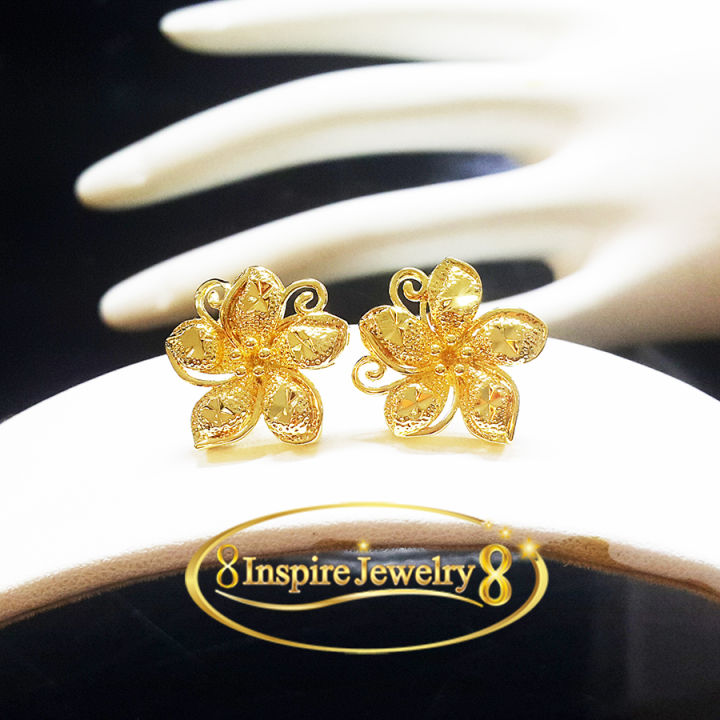 inspire-jewelry-ต่างหูรูปดอกไม้-สีทอง-ปักก้าน-แบบร้านทอง-สรีระสวยงาม-ปราณีต