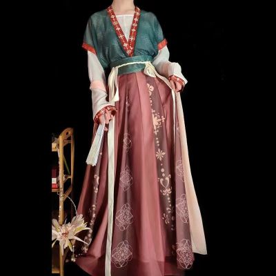 Hanfu เสื้อคอกลมผู้หญิง,กระโปรงยาวถึงเอวชุดเดรสสไตล์เกาหลีเครื่องแต่งกายคอสเพลย์จีนโบราณสำหรับฤดูใบไม้ผลิและฤดูร้อน