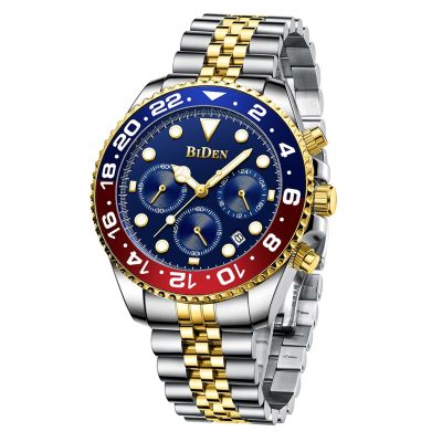 Luxury Top Brand Gold Watch Men Stainless Steel Butterfly Buckle Chronograph Watches Waterproof Male Business Dress BIDEN Clock